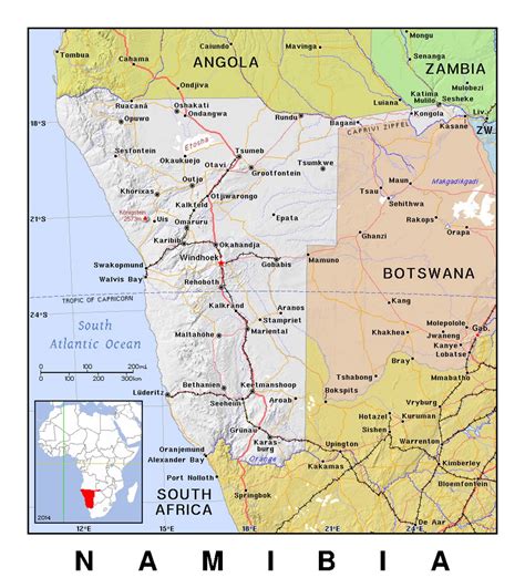 Detailed political map of Namibia with relief | Namibia | Africa | Mapsland | Maps of the World