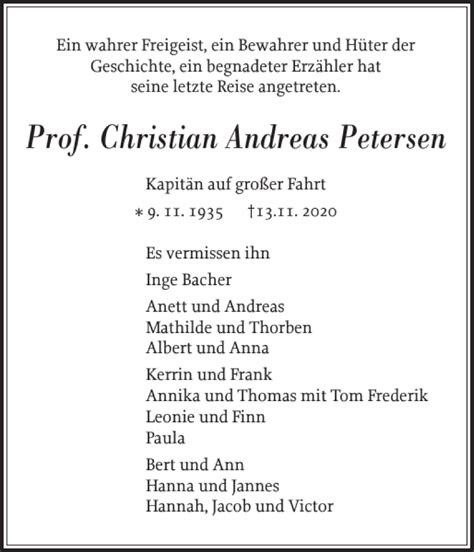 Traueranzeigen Von Prof Christian Andreas Petersen Sh Z Trauer