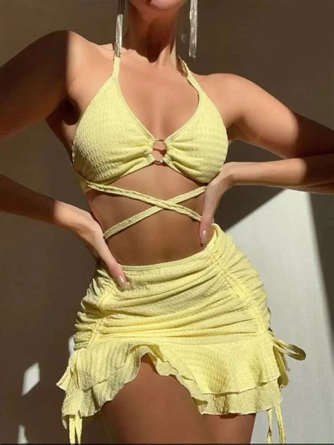 Yellow Halter Bikini Set And Skirt With Ring Detail And Ruffled Skirt Sexy Criss Cross Cover Up