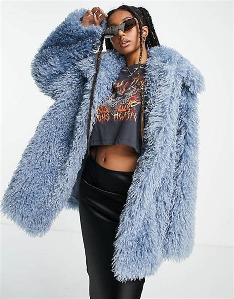 Asos Design Faux Fur Coat In Blue Asos