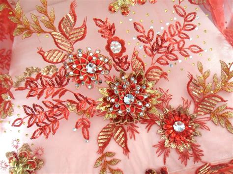 Embroidered D Applique Fabric Red Gold Sequin Rhinestone Floral Design