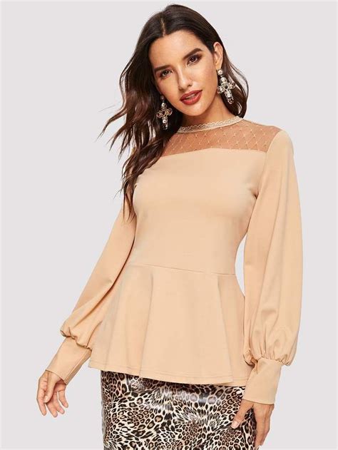 Shein Mesh Yoke Lace Trim Keyhole Back Peplum Top Peplum Top Blouses