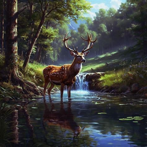 Painting Of A Deer Drinking Water From A Pond In A For Premium Ai
