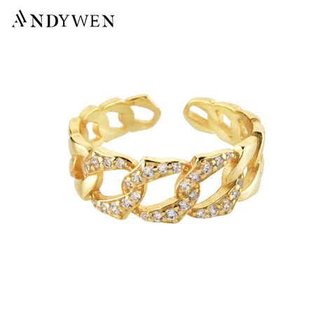 ANDYWEN 925 Sterling Silver Gold Twist Chain Zircon CZ Resizable Rings