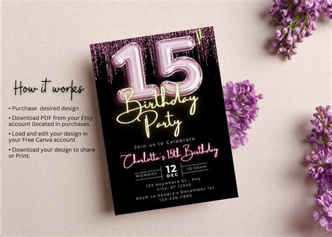 Editable 15th Birthday Invitation Template Printable Pink Balloon Fifteenth Birthday Party