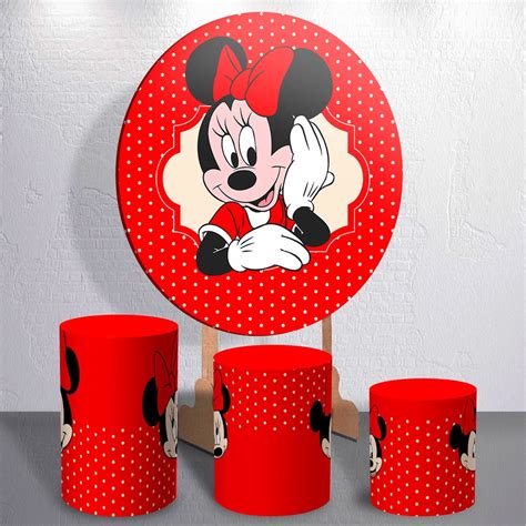 Kit Painel Redondo Minnie Mouse Trio Capa De Cilindro 3d Sublimado