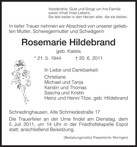 Traueranzeigen Von Rosemarie Hildebrand Trauer Hna De