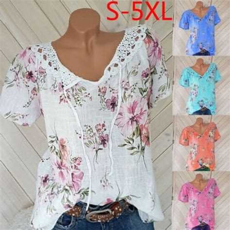 Women S V Neck Floral Print Tops Lace T Shirt Short Sleeve Loose Blouse