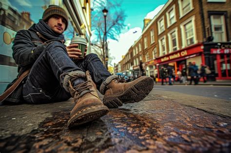 Premium Photo Hipster Tramp Cheerful Homeless Man Is Drinking Tea On