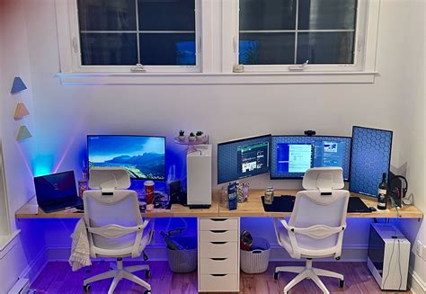 His (R) and hers (L) battle station couples desk with handmade ...