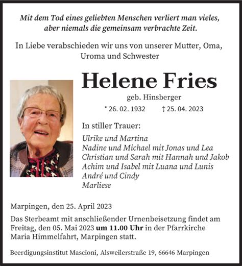 Traueranzeigen Von Helene Fries Saarbruecker Zeitung Trauer De