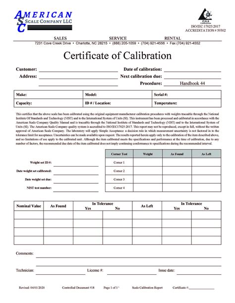 Calibration Certificate Template