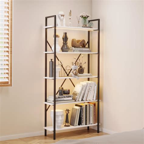 Vlsrka 5 Tier Bookshelf With 3 LED Lights Industrial Bookshelf Tall