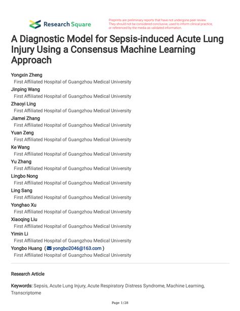 PDF A Diagnostic Model For Sepsis Induced Acute Lung Injury Using A