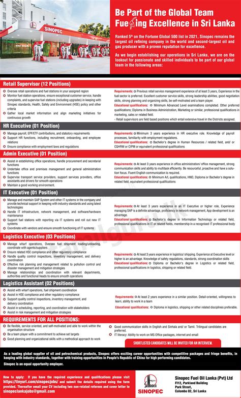 Sinopec Sri Lanka Job Vacancies 2023 July Apply Online