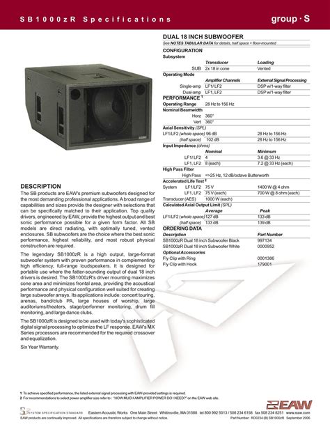 EAW SB1000ZR SPECIFICATIONS Pdf Download | ManualsLib