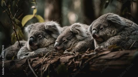 Group of koalas sleeping on eucalyptus trees. Generative AI Stock Illustration | Adobe Stock