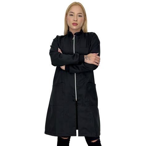 Jaleco Feminino Oxford Preto Ziper Gola Padre Manga Longa Punho