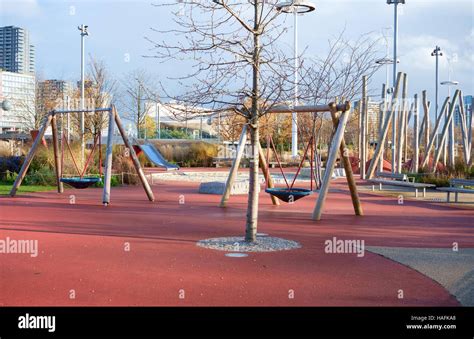 Empty children's playground in winter, Queen Elizabeth Olympic Park ...