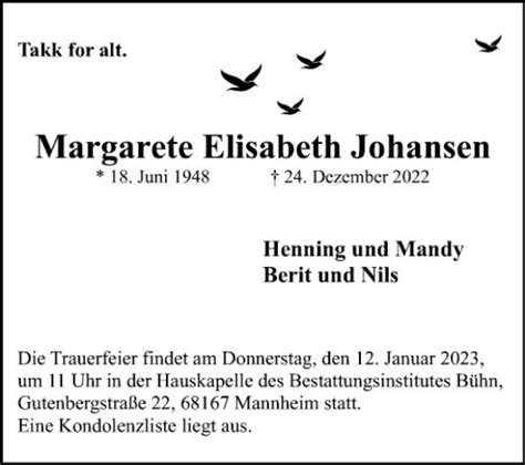 Traueranzeigen Von Margarete Elisabeth Johansen Trauerportal Ihrer