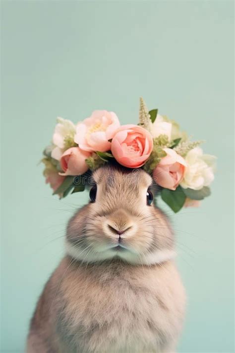 Cute Bunny With Flower Crown On Pastel Background Stock Illustration