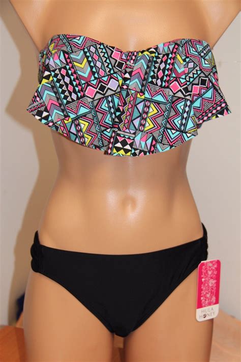 Nwt Hula Honey Swimsuit Bikini 2 Piece Set Sz L Bandeau Black Multi