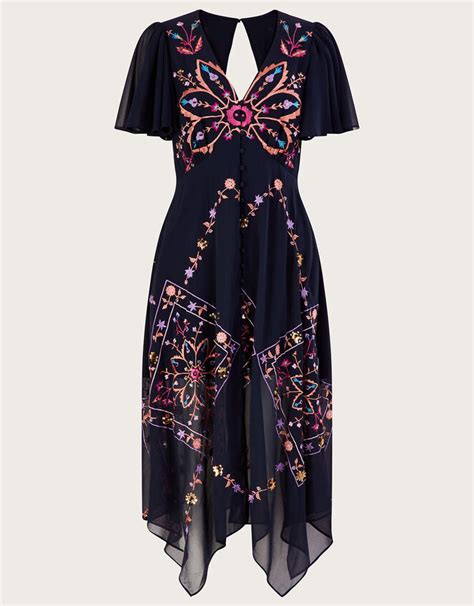 Brittany Embroidered Dress In Recycled Polyester Blue Evening Dresses Monsoon Us