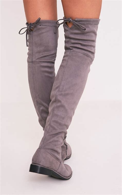 Hillary Grey Faux Suede Over The Knee Flat Boots Boots