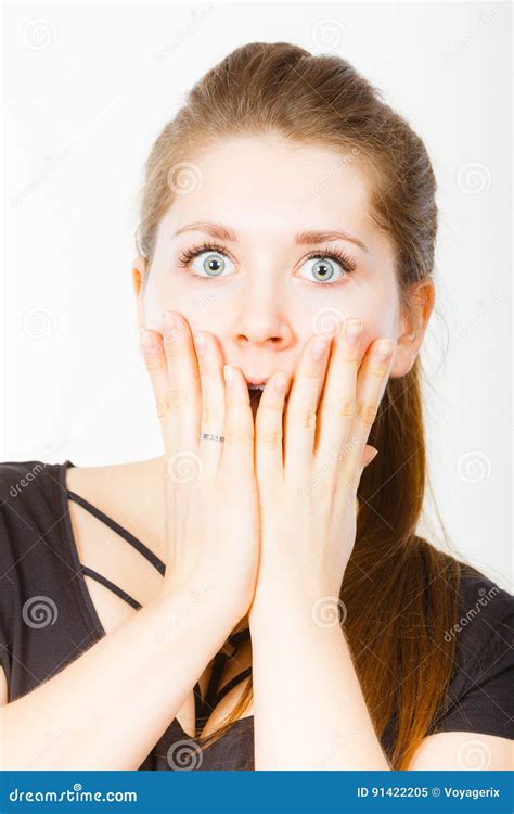 Shocked Amazed Woman Covering Mouth With Hands Stock Image Image Of