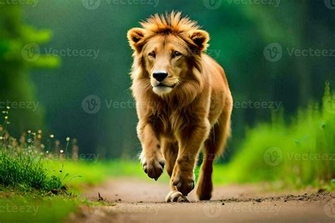 A Lion Running On A Path In The Forest Ai Generated Stock