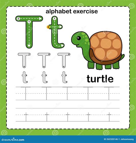 Alphabet Letter T Turtle Exercise With Cartoon Vocabulary Stock