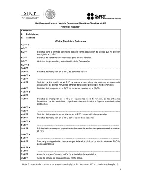 Modificación al Anexo 1 A de la Resolución Miscelánea