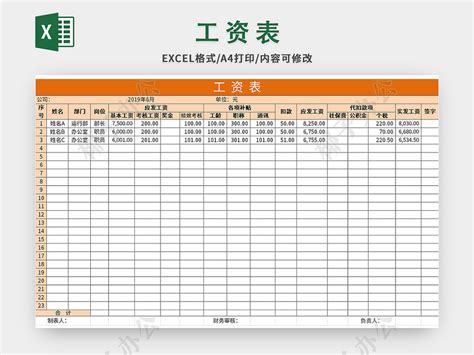 橙色公司通用员工工资表excel模板 椰子办公