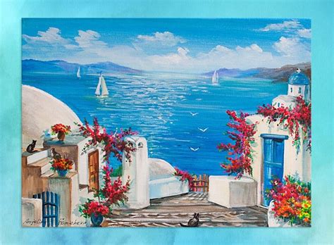 Pittura Dell Isola Greca Su Tela Santorini Isola Blu Mare Etsy Italia