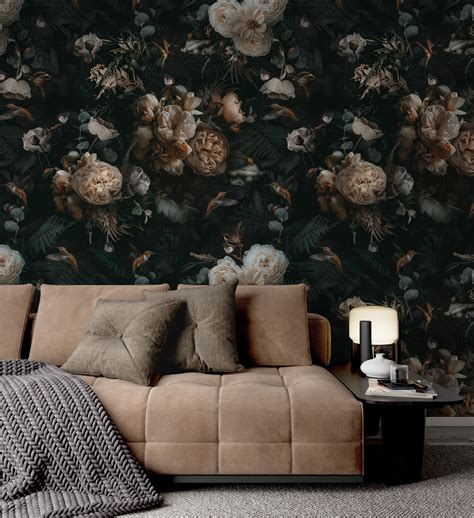 Dark Floral Wallpaper Vintage Botanical Wallpaper Vintage Etsy