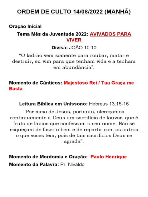 Ordem De Culto 26 06 22 Pdf