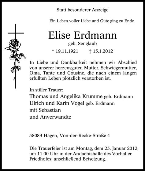 Traueranzeigen Von Elise Erdmann Trauer In Nrw De