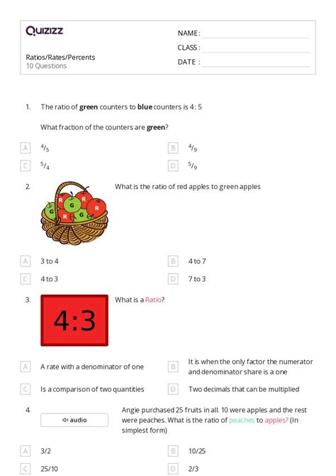 Percents Ratios And Rates Worksheets For Th Grade On Quizizz