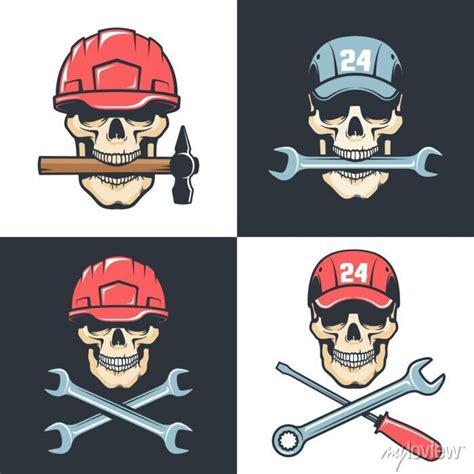 Skull Mechanic Repairman With Tools Retro Logo Skeleton Worker