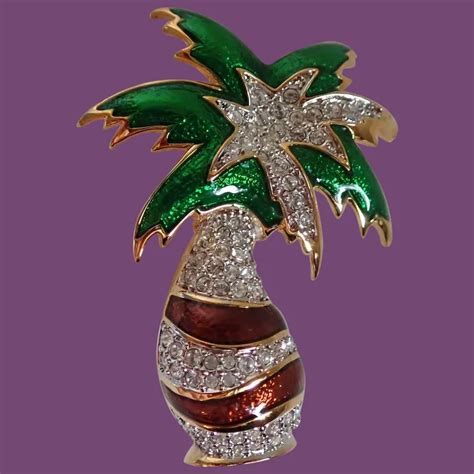 Vintage Retired Swarovski Crystal Enamel Holiday Palm Tree Pin Brooch