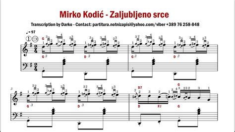 Notni zapis za harmoniku Mirko Kodić Zaljubljeno srce YouTube