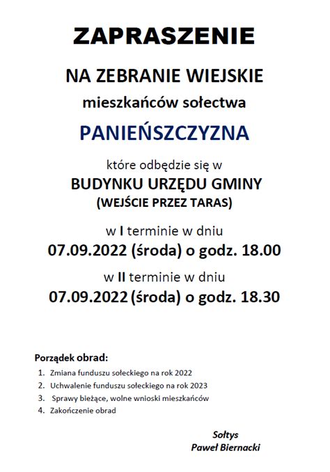 Zaproszenie Na Zebranie Wiejskie Mieszka C W So Ectwa Panie Szczyzna