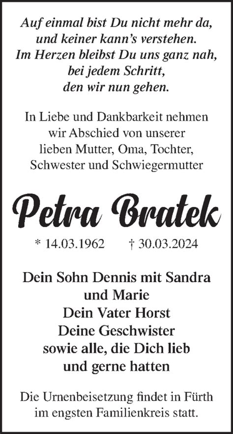 Traueranzeigen Von Petra Bratek M Rkische Onlinezeitung Trauerportal