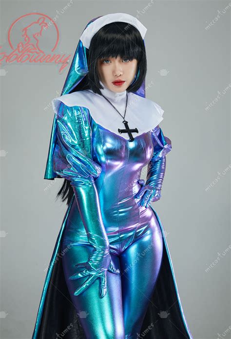 Halloween Gothic Lingerie Shiny Bodysuit And Necklace Sisters Sexy Nun Costume Top Quality