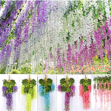 12 24pcs Artificial Wisteria Silk Flowers Vines Hanging Outdoor Patio