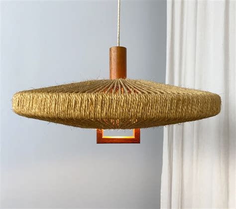 Height Adjustable Ceiling Lamp Pendant Lamp In Teak Wood Sisal By