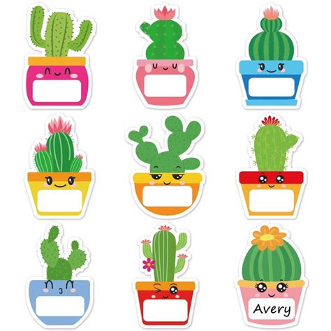 Whaline 180Pcs Cactus Name Tag Cute Cactus Nameplate Stickers Classroom