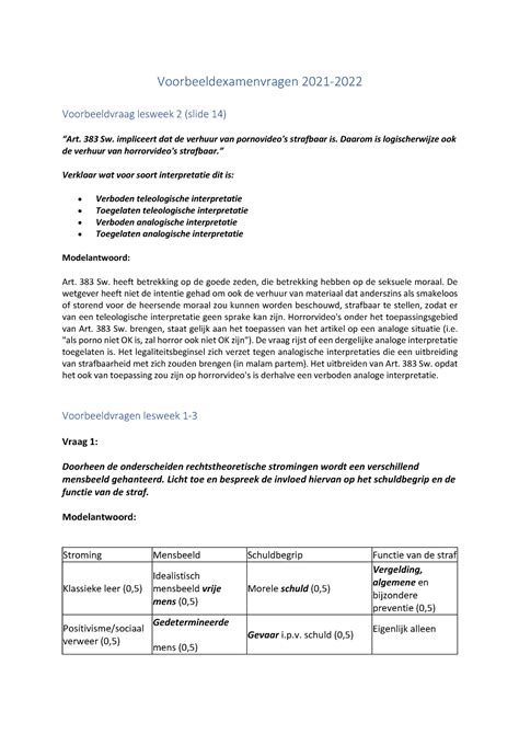 Voorbeeldexamenvragen Strafrecht Verbetersleutel Lesweek