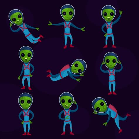 Divertidos Extraterrestres Verdes Con Grandes Ojos Con Trajes Espaciales Azules Personajes