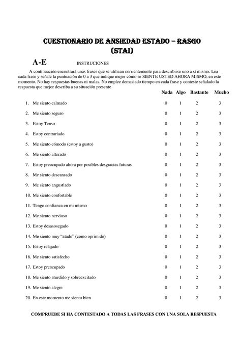 Cuestionario De Stai Cuestionario De Ansiedad Cuestionario De Ansiedad Estado Rasgo Stai